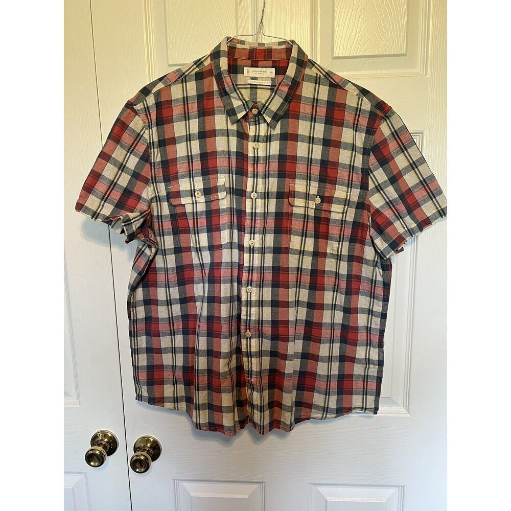 Lucky Brand Untucked Fit Short Sleeve Button Shirt Mens 2XL Plaid Cotton Linen